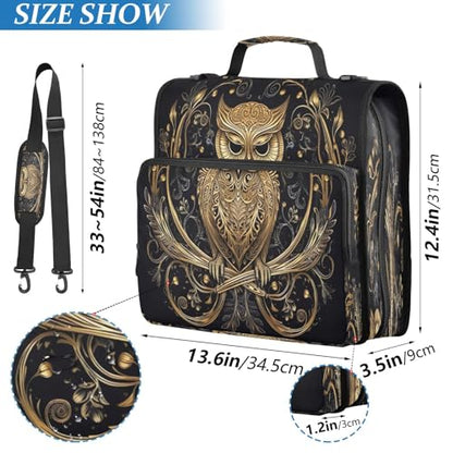 Gold Owl Zipper Binder 3 Ring with Shoulder Strap and Handle Multiple Pockets Expanding File Folder Organizer