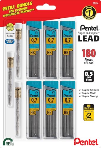 Pentel Super Hi-Polymer HB 0.7mm Lead Refills and Latex-Free White Erasers | 6 Packs of 30 Leads & 3 Packs of 4 Latex-Free White Erasers, Mechanical Pencil Refills
