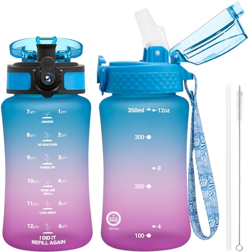 OLDLEY Kids Water Bottle for School, 12 oz (2 lids) BPA-Free Reusable Leak-proof Durable Tritan Plastic Water Bottles with Straw & Chug Lids, Anti-dust Spout Cover (Lake) - color: Lake, size: 12 Ounces