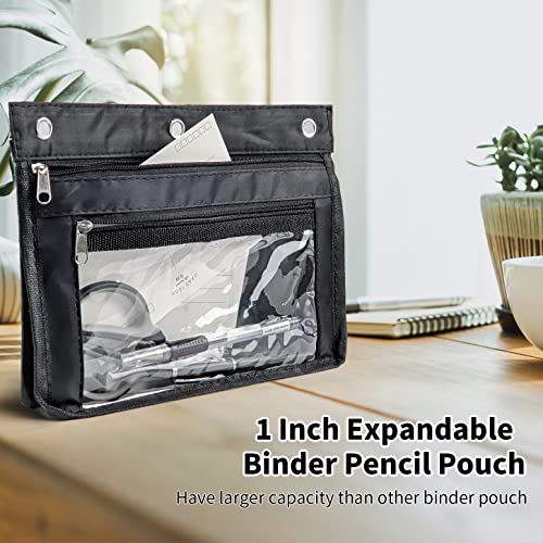 YoeeJob 2 Pack 1 Inch Expandable Zipper Pencil Pouches with Clear Window for 3 Ring Binder, Suitable for School & Office (Black+Blue) - color: Black+Blue
