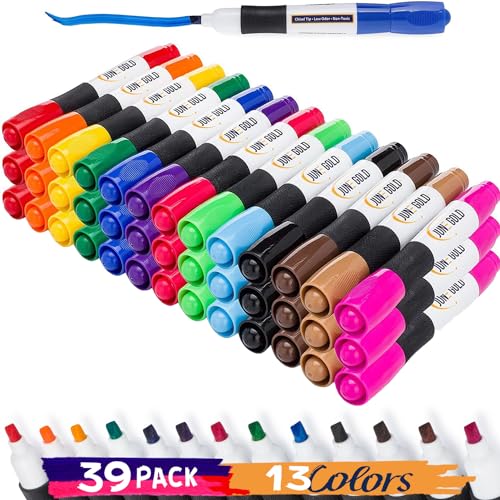 June Gold 39 Colored Dry Erase Whiteboard Markers, 13 Colors, Chisel Tip | Low Odor, Comfortable Grip & Vivid Lines - color: 39 Colored Chisel Tip Markers