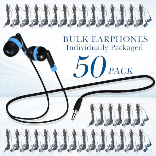 Kanayu 50 Pack Wired Earbuds Bulk for Classroom Ear Headphones Wired Basic Student Earbuds No Microphone with 3.5mm Jack for Class Laptop School Library, Individually Bagged (Blue) - color: Blue