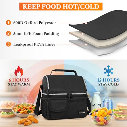 opux Insulated Lunch Bag Women Men, Dual Compartment Leakproof Lunch Box Adults Kids, Double Decker Meal Prep Bento Lunch Cooler Tote with Shoulder Strap for Work Office School Travel, Black - color: Black