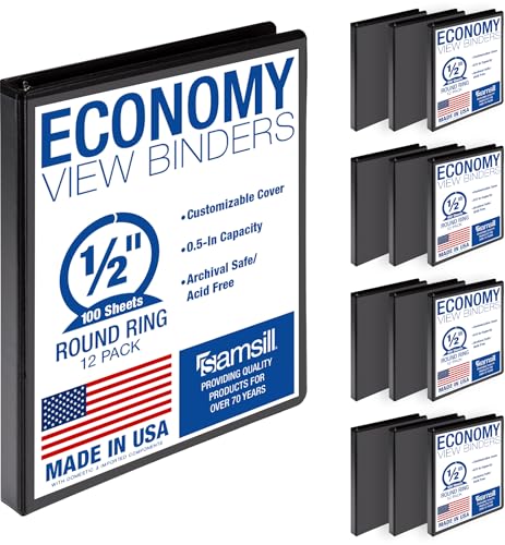 Samsill 0.5 Inch 3 Ring Binders, Economy Round Ring, Clear View Cover, 100 Sheet Capacity - for School, Home, Office - Black, 12 Pack - size: 12-Pack, style: 0.5 Inch
