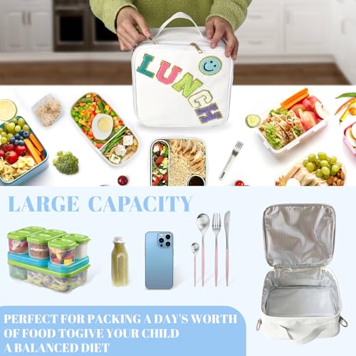 Insulated Lunch Bag With Adjustable Shoulder Strap, Cute Corduroy Preppy Lunch Box Large Insulated Lunch Bag Reusable Lunch Tote Bag (White) - color: White