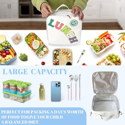 Insulated Lunch Bag With Adjustable Shoulder Strap, Cute Corduroy Preppy Lunch Box Large Insulated Lunch Bag Reusable Lunch Tote Bag (White) - color: White
