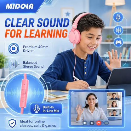 MIDOLA Kids Headphones for School Learning,Volume Limited 85/94dB, Foldable Lightweight Over-Ear Wired Headphones for Kids Toddler Girls Boys 3.5mm for Pad,Headsets with Built-in Mic Pink - color: Pink