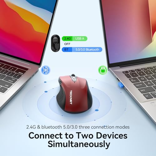 TECKNET Rechargeable Jiggler Wireless Mouse (BT5.0/3.0 & 2.4G) 4800 DPI Silent USB A & Bluetooth Mouse 6 Buttons, Wide Compatibility - Red - color: Red