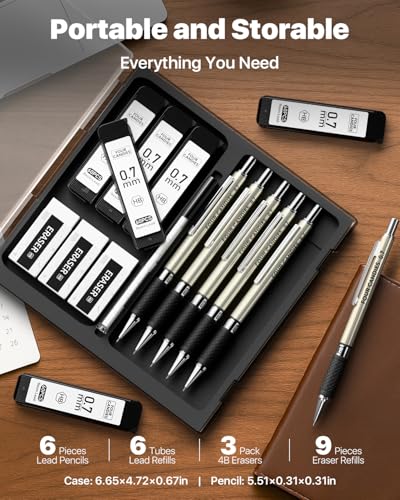 6PCS Metal Mechanical Pencil Set with 0.7mm Medium Point, 360 Leads, 12 Erasers, Art Mechanical Pencils Pack with Storage Case for School Writing, Sketching, Drawing & Professional Drafting - size: 6 Count (Pack of 1)