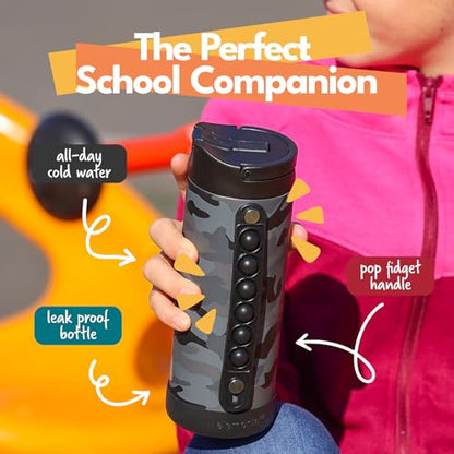Elemental Iconic Kids Water Bottle with Straw Lid & Stress Relief Pop It Handle, Leak-Proof When Closed, Triple Insulated Kids Stainless Steel Water Bottle For Girls and Boys, 14oz - Black Camo - color: Black Camo, size: 14 Ounces