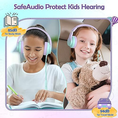 Candy Bila Kids Headphones, Wired Headphones for Kids Over Ear with Microphone, Foldable Headphone for Learning & Entertainment, Gradient Purple - color: Light Purple