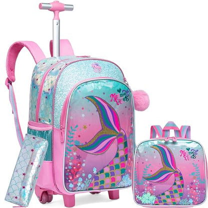 Meetbelify Cute Mermaid Rolling Backpack for Girls Backpacks with Wheels for Elementary Preschool Students with Lunch Box Pencil Case for Girls Age 8-10 - color: Green Mermaid