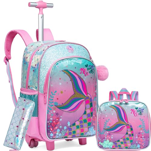 Meetbelify Cute Mermaid Rolling Backpack for Girls Backpacks with Wheels for Elementary Preschool Students with Lunch Box Pencil Case for Girls Age 8-10 - color: Green Mermaid