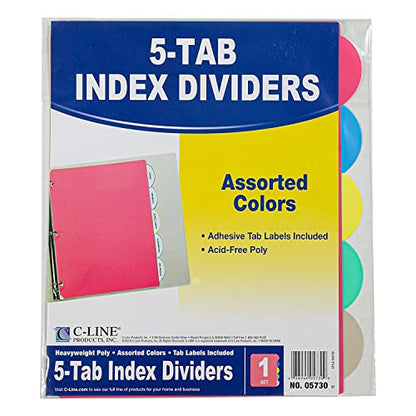 C-Line Polypropylene Binder Index Dividers, One 5-Tab Set, Assorted Colors (05730) - style: without Pockets