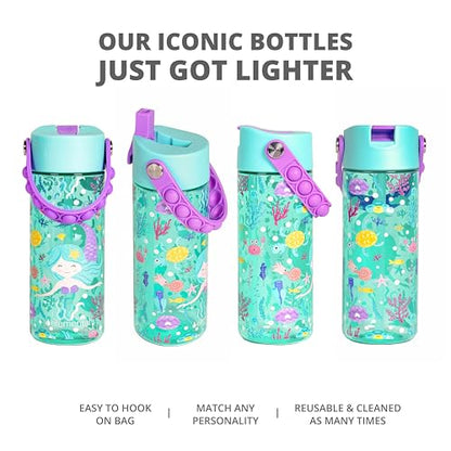 Elemental Leak Proof Water Bottles for Kids - Splash Kids Water Bottle for School with Pop-it Handle - Tritan Plastic Water Bottle with Straw - Mermaid & Rose - 18oz (2 Pack) - color: Duo - Mermaid / Rose (Sugar Plum)