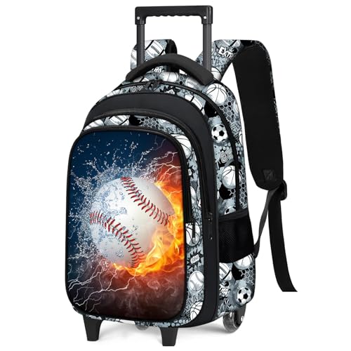 Boys Rolling Backpack for Kids - Baseball Kids Rolling Backpack with Wheels for Elementary Middle School Students - Sport Roller School Bookbag Aged 6-18, Wheeled Travel Bag Large Capacity - color: Baseball-001-backpack Only