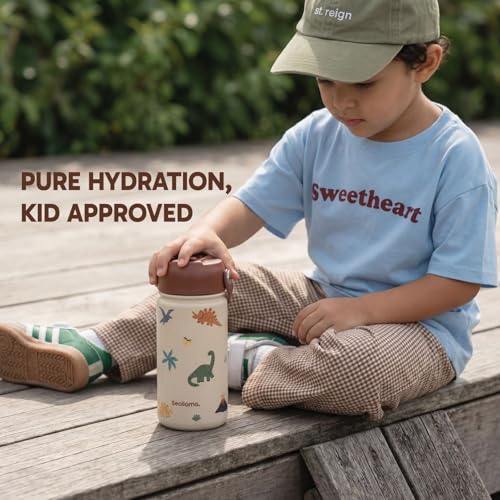 Seallama. Kids Water Bottle - 14 oz Stainless Steel Tumbler with Straw Lid, Vacuum Insulated Double Wall Travel Cup, Leak-Proof Reusable Drink Bottle for School & Everyday Hydration - color: Jurrasic Jive