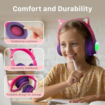 FosPower Kids Bluetooth 5.2 Headphones with LED Cat Ears (85/94dB Safe Volume Limit) Foldable Wireless or Wired Headset with 100hr Play Time and 3.5mm Cable for School/Travel - Hot Pink/Purple - color: 04 - Hot Pink/Purple (Bluetooth)