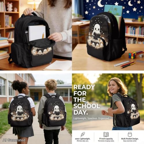 Cute Ghost Backpack for Girls Boys Backpack with Lunch Box Water Bottle Carrier Kawaii Pencil Case 4 in 1 Bookbag with Compartments 17 inch 1st 2nd 3rd School Bag for Kids Back to School - color: Cute Ghost