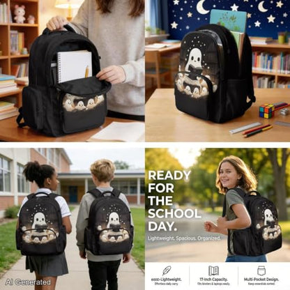 Cute Ghost Backpack for Girls Boys Backpack with Lunch Box Water Bottle Carrier Kawaii Pencil Case 4 in 1 Bookbag with Compartments 17 inch 1st 2nd 3rd School Bag for Kids Back to School - color: Cute Ghost