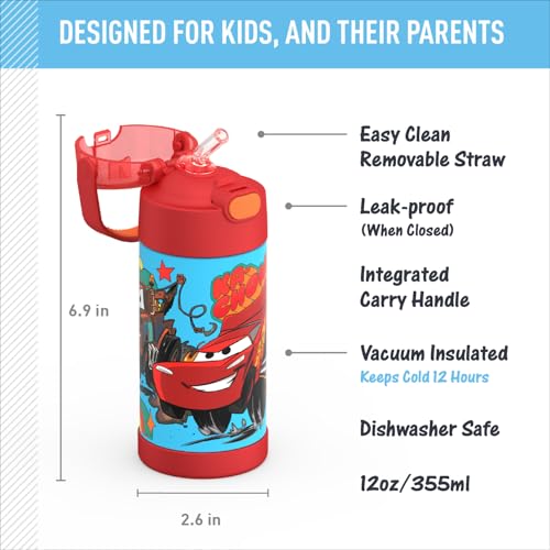 THERMOS FUNTAINER Water Bottle with Straw - 12 Ounce - Kids Stainless Steel Vacuum Insulated Water Bottle with Lid, Cars - color: Cars