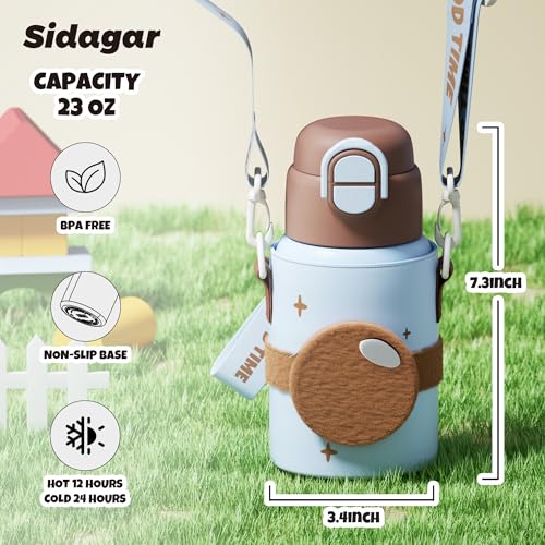 SDGA+ Kids Insulated Water Bottle with Shoulder Strap - 22 oz Kawaii Stainless Steel Tumbler with 3D Fuzzy Charm, Leak-Proof Flip Top & Vacuum Flask for School, Travel, BPA Free, Brown - color: Brown