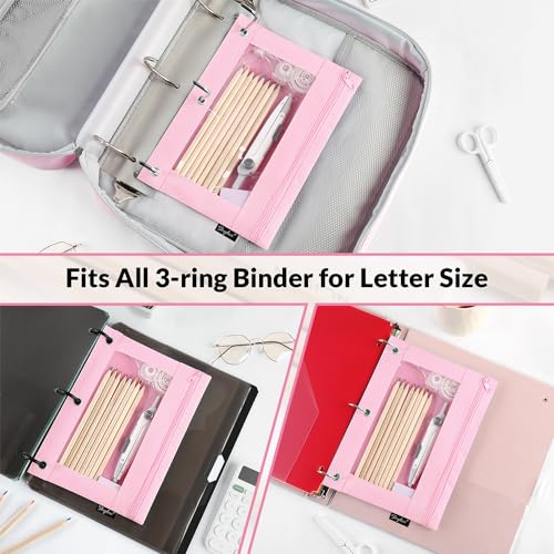 SKYDUE Pencil Pouch for 3 Ring Binder, 3 Ring Zipper Pencil Case with Clear Window, Large Binder Pencil Pouch with Grommets, Three Hole Pencil Holder for School(2 Pack) - color: Pink&black