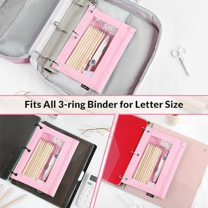 SKYDUE Pencil Pouch for 3 Ring Binder, 3 Ring Zipper Pencil Case with Clear Window, Large Binder Pencil Pouch with Grommets, Three Hole Pencil Holder for School(2 Pack) - color: Pink&black