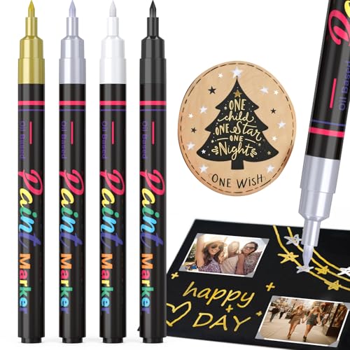 Paint Markers for Metal: 4 Color Fine Tip Permanent Oil Based Paint Marker | Fine-tip for detailed work | 4 colors (White/Black/Gold/Silver) | waterproof & fade-resistant | Multi-Surface Versatility - size: 1 Count (Pack of 4)