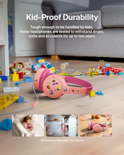 Belkin SoundForm Mini Kids Wired Headphones w/USB C to 3.5mm Dongle, Built-in Mic & Fun Stickers, 85dB Max Volume – for Online Learning, Travel, Compatible w/iPhone 16, iPad, Galaxy S25, etc - Pink - color: Pink, style: Wired (USB-C)