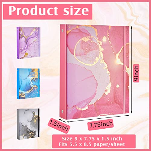 Lewtemi 4 Pack Mini Binders 5.5 x 8.5 Three Ring, 1 Inch Marble Binder, Flower Ocean Decorative Hardcover with Elastic Cord for School, Office Use, Recipe, Photo Album Pages(Marble) - style: Marble