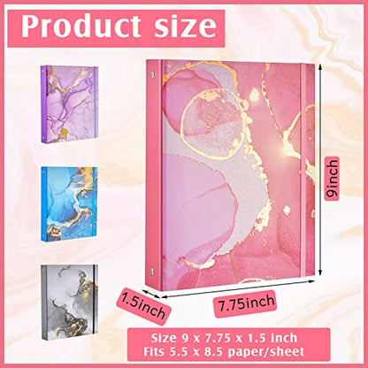 Lewtemi 4 Pack Mini Binders 5.5 x 8.5 Three Ring, 1 Inch Marble Binder, Flower Ocean Decorative Hardcover with Elastic Cord for School, Office Use, Recipe, Photo Album Pages(Marble) - style: Marble