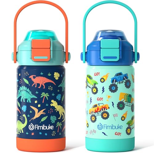 Fimibuke Kids Insulated Water Bottle with Pop-Open Straw & Spout 2-in-1 Lid, 14oz Leak Proof 18/8 Stainless Steel Vacuum Tumbler, BPA-Free Kids Cup For Travel School Girls Boys Toddler 2 Packs - color: A4.Dinosaur+Monster Car, size: 14 Ounces