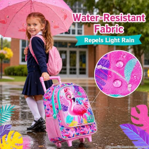 gxtvo Girls Rolling Backpack, Cute Flamingo Roller Wheels Kids Bookbag - Wheeled Elementary School Bag - 3PCS Flamingo - color: Uv Printing Flamingo Pink Rolling Backpack
