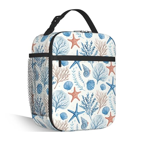 Starfish Seashell Lunch Tote for Women, Cute Insulated Lunch Bag | Stylish starfish pattern lunch bag with insulated interior, reusable cooler tote for work, office, picnic and everyday use - color: Starfish Seashell