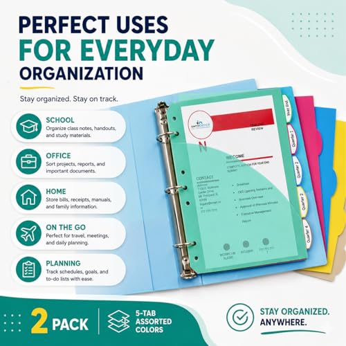 1InTheOffice Mini Binder Divider, Pocket Divider tabs with Pockets, 8.5"x 5.5" 5-Tab Assorted Colors, 2 Pack