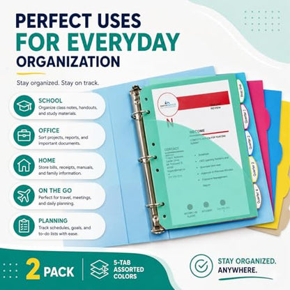 1InTheOffice Mini Binder Divider, Pocket Divider tabs with Pockets, 8.5"x 5.5" 5-Tab Assorted Colors, 2 Pack