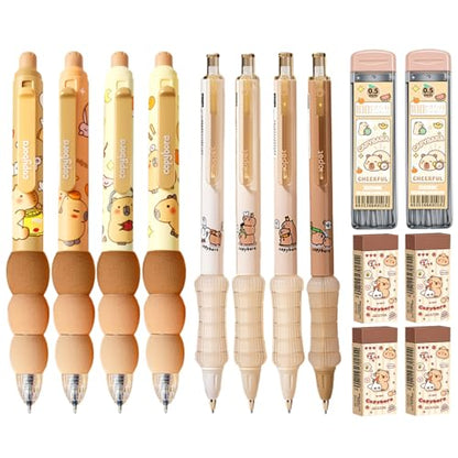 4Pcs Cute Capybara Erasable Retractable Pens-Erasable Gel Ink Pens,0.5mm Fine Point Black Ink,4Pcs 0.5mm Cute Capybara Mechanical Pencils,Lead Refills,Erasers,for Office School Supplies Women Men - style: capybara（foam cover）