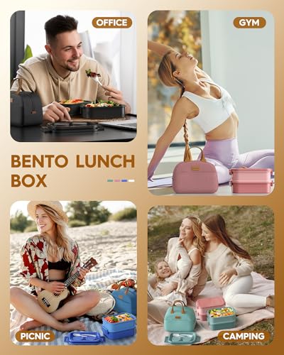 KEMETHY Adults Bento Lunch Box Set with Thermo Bag, 74oz Stackable Leak-proof 3-tiers Bento Box, Built-in Utensil and Sauce Container for Work, School, Dining Out (Black) - color: Elegant Black