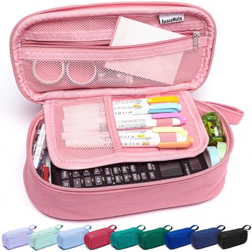 SPACEMATE Pencil Case Pouch Box Bag School Supplies Girls Boys Kids, Cute Preppy Stuff Large Big Capacity Aesthetic Pen Organizer, Back to College Stationary, Rosy Pink, Heavy Duty Canvas, 1800ml - color: Rosy Pink