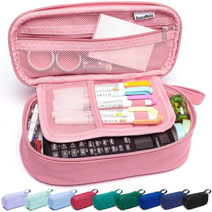 SPACEMATE Pencil Case Pouch Box Bag School Supplies Girls Boys Kids, Cute Preppy Stuff Large Big Capacity Aesthetic Pen Organizer, Back to College Stationary, Rosy Pink, Heavy Duty Canvas, 1800ml - color: Rosy Pink
