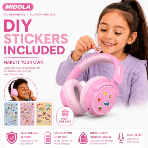 MIDOLA Kids Bluetooth Headphones 68H Play Time,Volume Limit 85/94dB, Foldable Lightweight Wireless Over-Ear Headphone for Kid Toddler Child Pad Tablet,Headsets with Built-in Mic Pink - color: Pink
