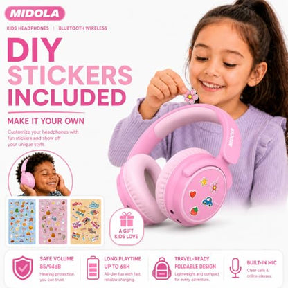 MIDOLA Kids Bluetooth Headphones 68H Play Time,Volume Limit 85/94dB, Foldable Lightweight Wireless Over-Ear Headphone for Kid Toddler Child Pad Tablet,Headsets with Built-in Mic Pink - color: Pink