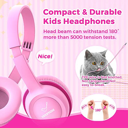 Vinamass A63 Kids Headphones, Wired, On Ear, Safe Volume Limiter 85dB, Comfortable, Perfect Fit for Kids, Boys, Girls, School, Classroom, Teens, Children