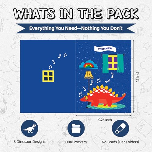 8 School Folders - Cute Pocket Folders with 8 Unique Dinosaur Designs in Front, Back Cover and Inside - Kids Pocket Folders - Homework Folders - Dinosaur Folders - 12 x 9.25 Inches (Pack of 8) - style: Dinosaur