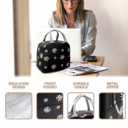 Sonuimy Insulated Lunch Bag Women, Reusable Cute Tote Lunch Box for Adult & Men, Leakproof Cooler Lunch Bags for Work Office Travel Picnic (Black with White Daisy) - color: Black with White Daisy
