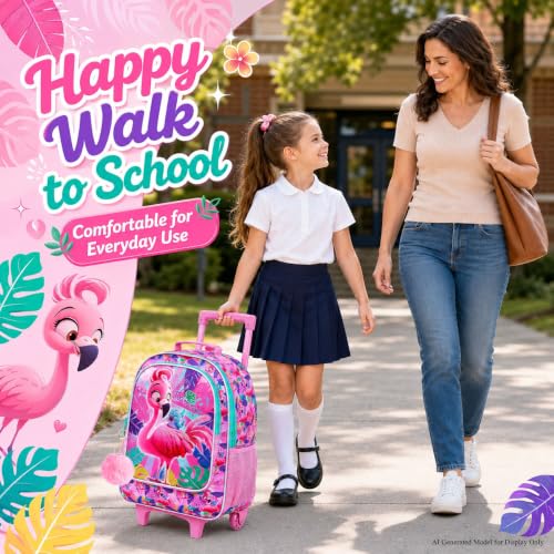 gxtvo Girls Rolling Backpack, Cute Flamingo Roller Wheels Kids Bookbag - Wheeled Elementary School Bag - 3PCS Flamingo - color: Uv Printing Flamingo Pink Rolling Backpack