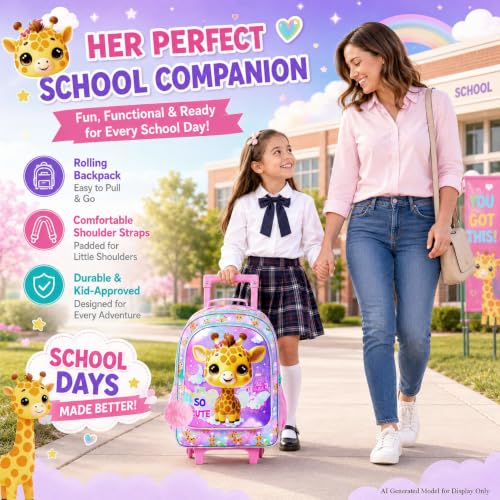HPJGD 3PCS Giraffe Rolling Backpack for Girls, Kids School Backpacks with Wheels, Water Resistant UV Printed Roller Wheeled Bookbag Set - color: Glittering Priting Yellow Giraffe Rolling Backpack
