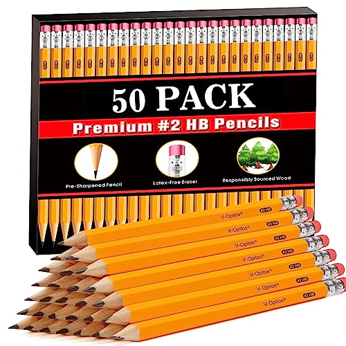 V-Opitos Wood-Cased #2 HB Pencils, 50 Pack Bulk Yellow Pencils with Erasers, Pre-Sharpened, School Classroom Teacher Supplies for Writing, Drawing and Sketching - color: Yellow