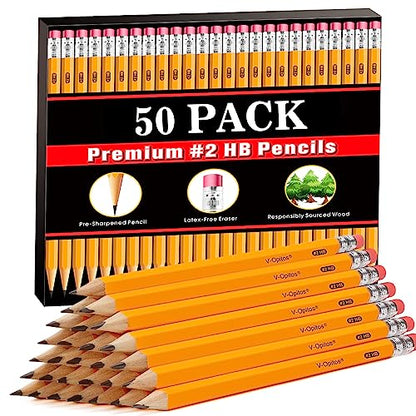 V-Opitos Wood-Cased #2 HB Pencils, 50 Pack Bulk Yellow Pencils with Erasers, Pre-Sharpened, School Classroom Teacher Supplies for Writing, Drawing and Sketching - color: Yellow